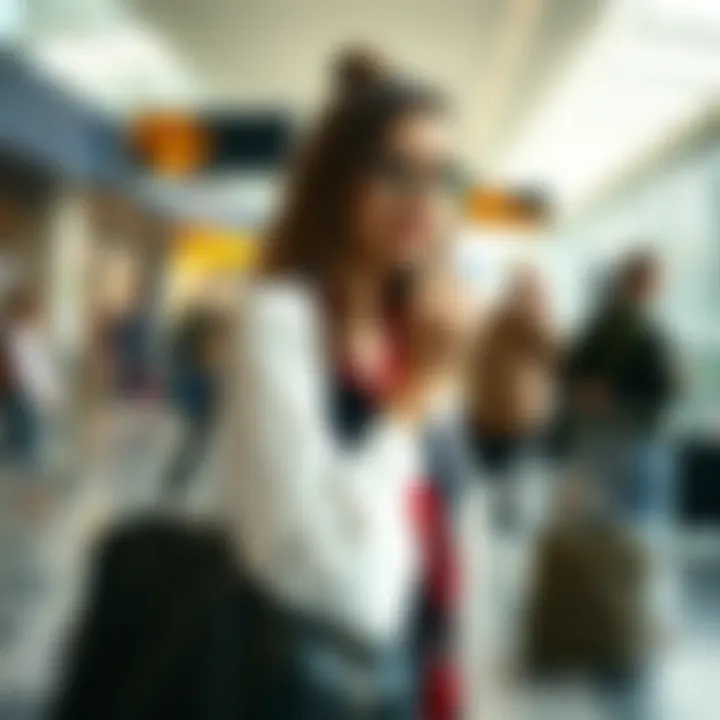 Fashionable woman with a personalized weekender bag at an airport