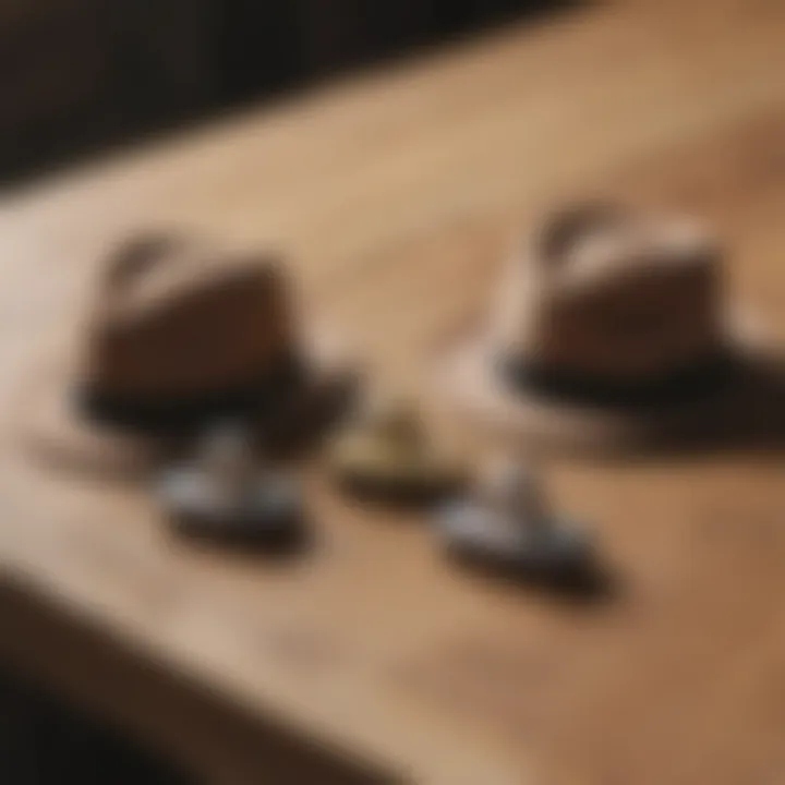 Stylish hat clips displayed on a wooden surface