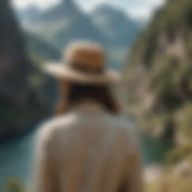 Traveler using a hat clip while exploring a scenic location