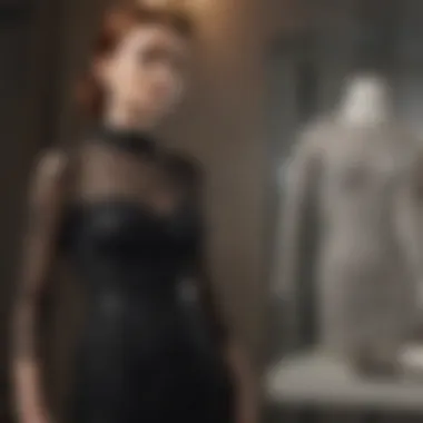 A netted dress displayed on a mannequin in a chic, modern setting.