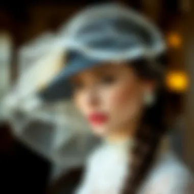 An elegant small hat with a delicate veil draped over it, showcasing intricate lace details