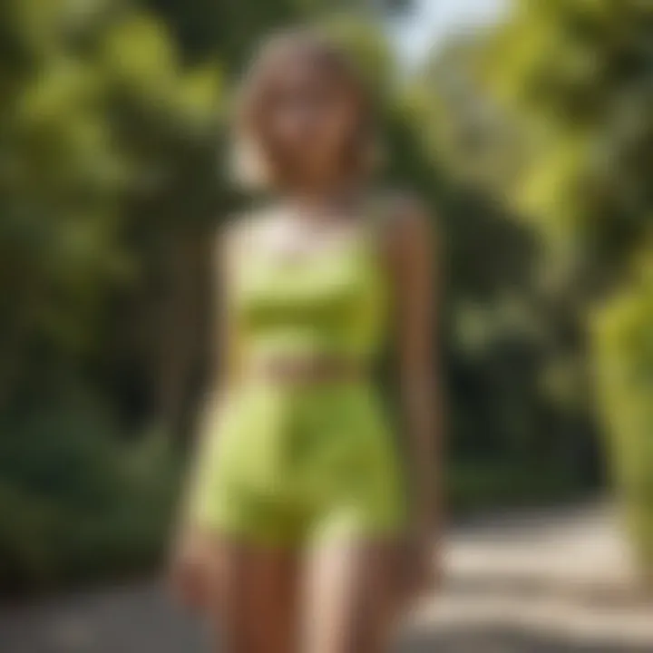 A fashion-forward individual showcasing lime green high-waisted shorts in a vibrant outdoor setting