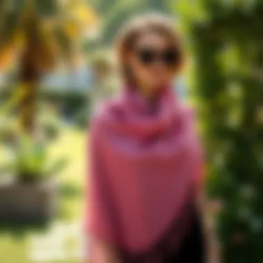 Elegant UV protection shawl draped over a stylish outfit in a sunlit garden